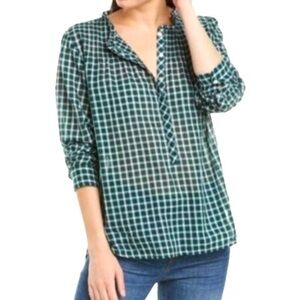 J Crew Gingham Pleated Bib Ruffle Trim Shirt Plaid Half Button 100% Cotton